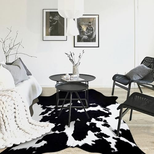 Large Cowhide Rug 10x8 ft Cow Hide Rug Black Cow Western Rugs for Bedroom Living Room Dining Room Decor Animal Print Carpets-No Fur