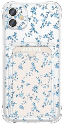 ZCDAYE Blommigt klart fodral för iPhone 11 med korthållare, elegant, söt blomma, kvinna, telefonfodral, mjuk TPU stötsäker, skyddande för iPhone 11 (6,1 tum), elegant blå