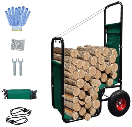 Gulfmore Kaminholzwagen mit Rädern, für den Außenbereich, robuster Stahl, Holzregal, Lagerbeweger, Brennholzwagen mit großen Rädern, Holzträger für drinnen und draußen