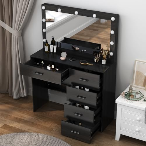 LIANWANG Schminktisch mit Großer Spiegel, Frisiertisch mit Beleuchtung, 3 Farbtemperaturen und Einstellbarer Helligkeit, 5 Schubladen, Schwarz, L33881217, 80x131x36 cm