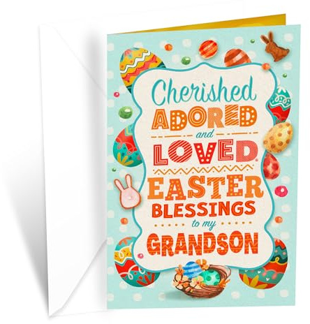 Prime Greetings Easter Card For Grandson, Made in America, Eco-Friendly, Thick Card Stock with Premium Envelope 5in x 7.75in, Packaged in Protective Mailer