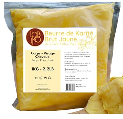 Beurre de karité Jaune pur 1000g - 100% naturel non raffiné - Aux Racines de borututu - beurre végétal protecteur UV - tout type de peau -hydratant corps visage cheveux - Riche en vitamines Vegan
