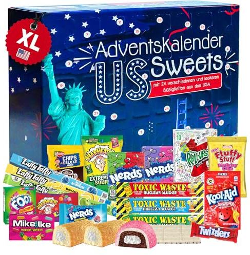 Süßigkeiten Box Amerika, Amerikanische Süßigkeiten 2025 mit 24 Produkten in Süß & Sauer, US Sweets inklusive Laffy Taffy, Lemonhead, Nerds, Hostess u.v.m.