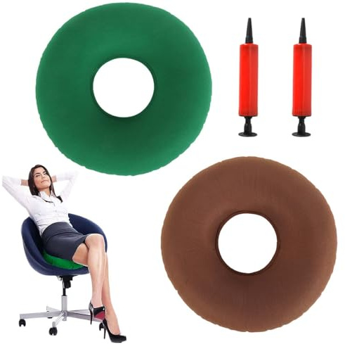2 PCS Coussind’AssiseGonflable en Anneau,Coussin Rond Gonflable,CoussindesiègeGonflable en Polyester,CoussindeSiègeGonflable Ergonomique,Pompe à Ceinture Souple, hémorroïdes, Vert + Marron