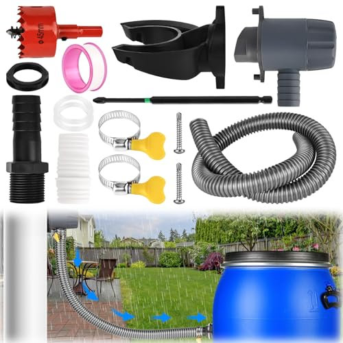 Rzspher Regenwassersammler, 70-110mm Fallrohr Regensammler, Regensammler mit 1m Schlauch, Regentonnen Anschluss Verbinder Set mit Montagezubehör Regenrinne Regensammler für Dächer bis 80 m²