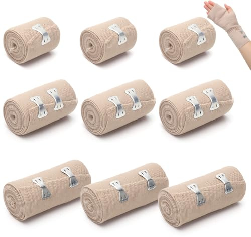 9 Stück Elastische Binde, Kompressionsbinden mit Metallclips, Luftdurchlässig Selbsthaftender Verband,Gedehnt Luftdurchlässig Wrap Kompressionsrolle für Handgelenke Knöchel Knie (5/7,5/10cm)