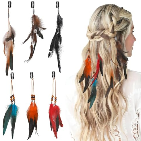 6Pcs Feather Hair Clip, Hair Feathers Extensions, Boho Hippie Festival Accessories, Handmade Hairpin Headdress for Women Girls Halloween Cosplay Costume (Black+Brown+Beige+Blue+Orange+Red)