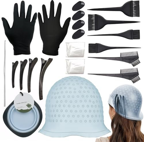 Pluvyze 24-teiliges Haarfärbepinsel-Set mit Strähnchenhaube, Haarfärbeschale, Ohrabdeckung, Handschuhen und Haarspangen - für Haarefärben zu Hause oder im Salon