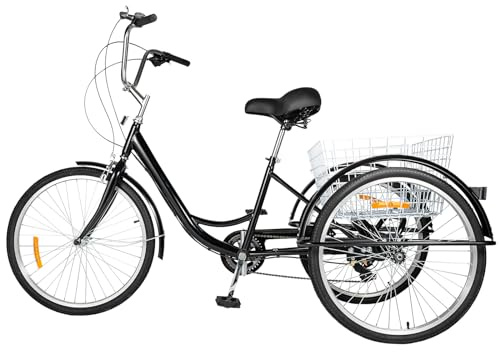24 8 Gange mit Einkaufskorb Schwarz Dreirad 3 der Fahrrad Adult Tricycle bis 120KG,Verstellbares Design,Die rutschschutzpedale und Griff,Klemmbremse und Haltebremse,Anti-Rutsch- und Verschleißbeständ