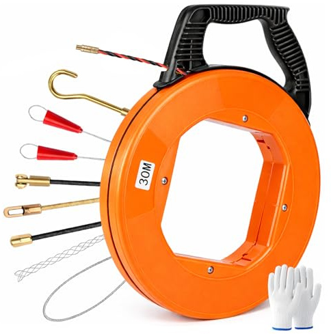 Orifesio Guia Pasacables 30m, φ5mm Guia Cables con 8 Accesorios y Guantes, Guia Electricista de Material PET, Ayuda de Extracción de Cables para Cables e Instalaciones Eléctricas