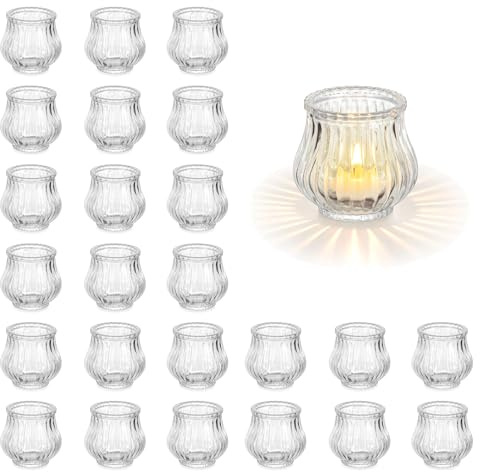 Glasseam Glas Värmeljus Hållare 24 st: Värmeljus Hållare Set Ribbade Värmeljus Hållare för Bröllops Bordsuppsats Liten Votivljus Hållare för Julfest Bordsdekoration
