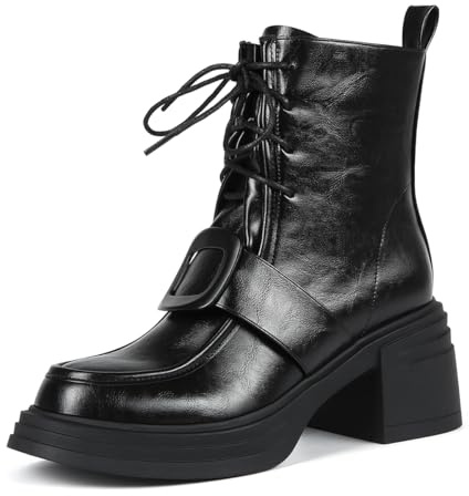 Feinlina Bottines en cuir noir à lacets pour femme - Talon épais et plateforme - Tendance - Pour le bureau et la vie quotidienne, Noir , 40 EU