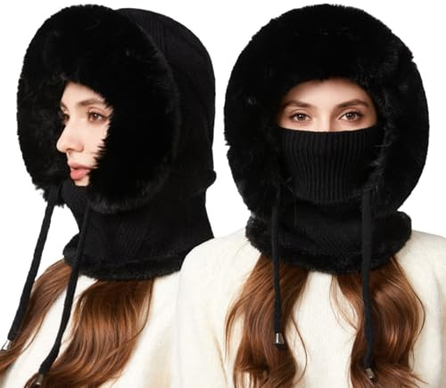 Generisch Weihnachten Balaclava Damen Warme Wintermütze mit Geweih,Kuschelige Plüsch Strickmütze Einfarbig Gesichtsmaske Schalmütze,Elegant Weihnachtsmütze Lässig Weich Sturmhaube Winter