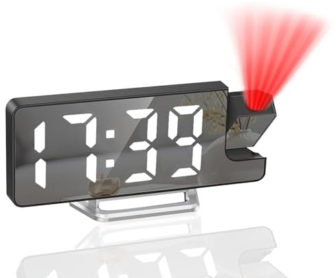 Tisaika Projection Mirror Alarm Clock for Bedroom LED Digital Clocks Bedside with Clear Digit 180° Rotatable Projector Snooze Date Temperature 12/24H 3-Level Brightness Night Mode for Home Office