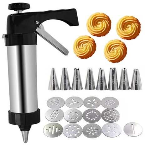 UEXEDO - Pistola de pastelería, Prensa para repostería de Acero Inoxidable, máquina de Galletas, Prensa Profesional para Galletas, Molde para Pasteles, Aluminio, Acero Inoxidable (Plata)