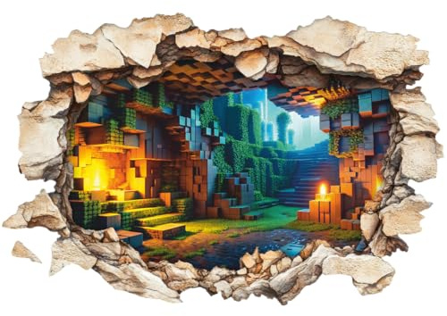 Pixel-Art Mine Gaming Wandaufkleber Wandtattoo 3D Wanddurchbruch – Block-Design Landschaft Wandsticker – Kinderzimmer Deko für Jungen – Einfach Anzubringen – 40 × 60 cm