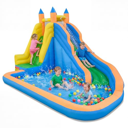 COSTWAY Castillo Hinchable para Niños con Tobogán, Castillo Hinchable Acuático con Pared de Escalada y Piscina de Chapoteo, Insuflavel Criança para Exterior, Jardín Patio, 3-12 Años (Sin Soplador)