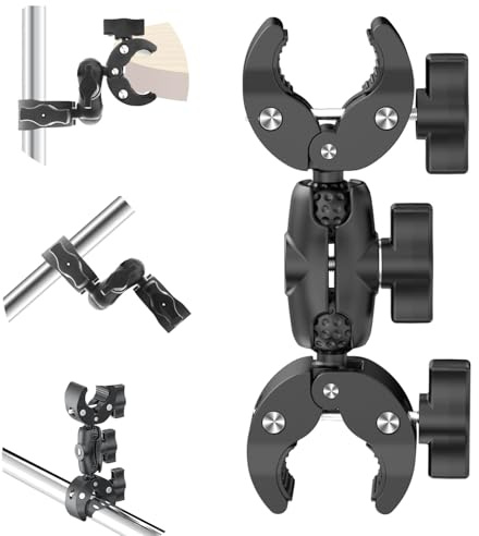 Motorcycle Double Super Clamp Mount with 360°Adjustable Ball Head Magic Arm | 360° Rotatable Dual Ball Head Crab Clamp for Motorbike Handlebar Cross Bars Umbrella Desktop Photo Studio Light Reflector