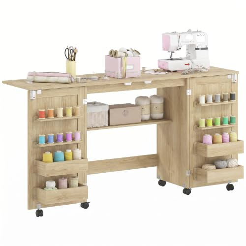 HOMCOM Table de Couture Pliante à roulettes 2 Portes Magnétiques Chêne