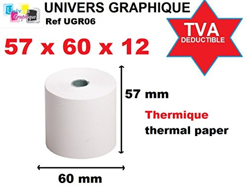 Lot de 5 Bobines, rouleau papier thermique grande capacité 57 x 60 x 12 Rouleaux papier pour calculatrices imprimantes et caisses enregistreuses, et cartes bancaires 44 mètres de longueur !