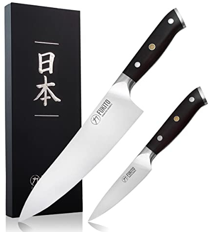 Fukito Ebène X50 - Coffret 2 Couteaux de Cuisine Design Japonais Chef + Office, Lames Acier Inoxydable Allemand au Carbone, Manches Bois d'Ebène - Pour Chefs Professionnels & Particuliers