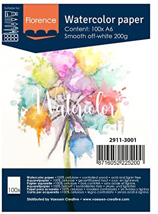 Florence 2911-3001 Aquarellpapier A6 in Elfenbein Weiß, aus 200 g/m² Glattem Papier, 100 Blatt für Aquarellmalerei, Handlettering und Brush Lettering, stück