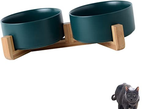 FIGARO CATS STORE - SET CIOTOLE CERAMICA E LEGNO PER GATTI: set di 2 ciotole in ceramica con stand in legno leggero, per cani o gatti (Verde)