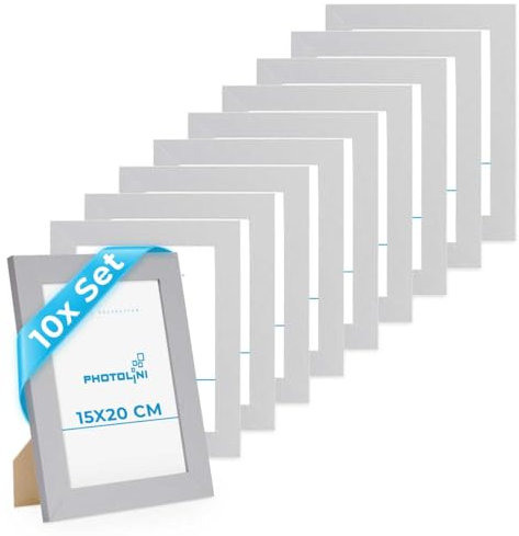 PHOTOLINI Bilderrahmen 15x20 Holz MDF Silber, 10er Set breite Bilderrahmen 20x15 Silber, Picture Frame mit Acrylglas, Bilderrahmen 15 x 20 cm zum Aufhängen & Aufstellen, Rahmen 15x20 mit Zubehör