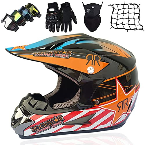 Casco de Motocross para Niños, Casco de Descenso, Casco Integral Adulto Con Gafas Máscara Guantes Red de Casco, Homologado ECE/DOT Casco de Moto Cross para BMX MTB Quad Bike Enduro ATV