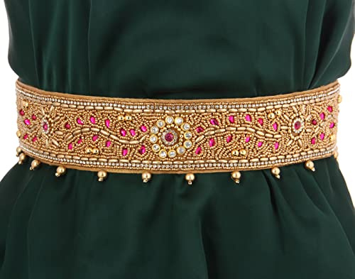 VAMA Handmade Indian Embroidery Maggam Aari Zari Work Fabric Hip Waist Belt Kamarbandh vaddanam For Sarees & Traditional Dress (Stretchable Size 30-40 Inches) (Pink Saree Belt)