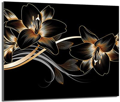 DarHaus Plaque de recouvrement, 60 x 52 cm, en verre, pour cuisinières électrique, à induction, convient comme décoration, protection anti-éclaboussures ou planche à découper, Orchidée Noir