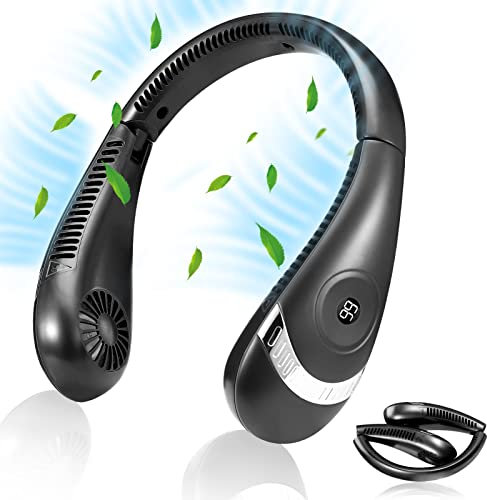 AngLink USB Ventilator - Portable Nackenventilator mit LED-Display, Faltbar Hals Fan 5000mAh Akku, 3 Stufen, für Outdoor Küche Büro Camping Reisen丨Schwarz