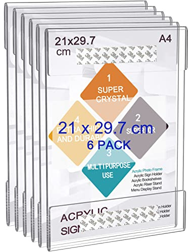 A4 Acrylic Frame Wall Sign Holder, 6pcs Perspex Self Adhesive Wall Poster Display Holder with 3M Tape Without Drilling, Memo Documents Menu Holders for Office, Home, Store, Restaurant