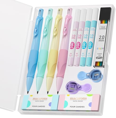 Four Candies 2.0MM Mechanical Pencil with Comfort Ergonomic Grip, 4PCS Cute Mechanical Pencils with 44PCS Lead Refills, 2PCS Sharpeners/Erasers, Aesthetic School Supplies for Kids Writing Drawing