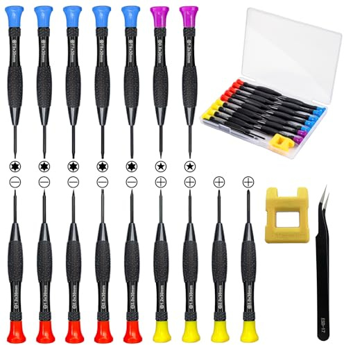 18 st mini precisionsskruvmejselset med fodral, Lengnoyp magnetisk liten platt huvud Phillips pentalobe torx stjärna skruvmejsel set kit och pincett för att reparera datorglasögon, telefonklocka