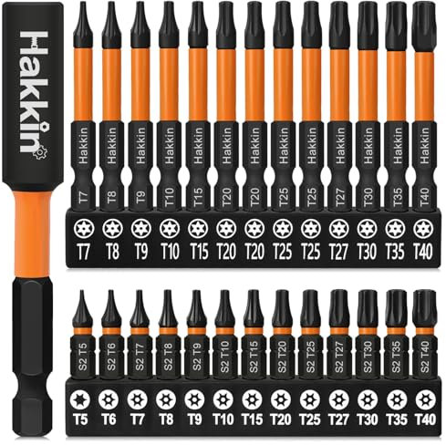 Hakkin Torx Bit Set Lang T5-T40 Bitsatz für Akkuschrauber 27 Stück 25 + 60 mm 1/4 S2 Torx Impact Schraubendreher Set mit Magnetische Bithalter T6 T7 T8 T9 T10 T15 T20 T25 T27 T30 T35
