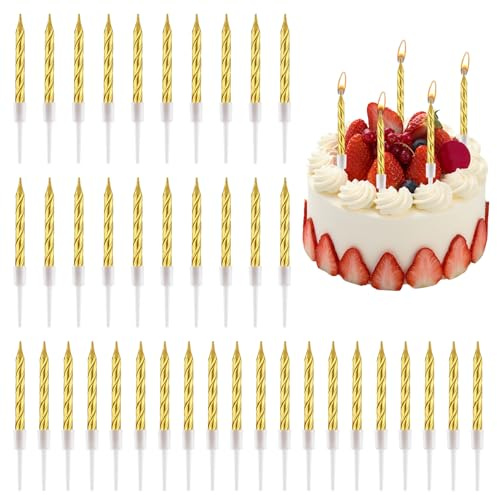 Juego de 50 Velas de Cumpleaños Metálicas Oro Doradas de 7.2cm para Pastel, Incluye Soportes de Plastico, Perfectas para Decoración de Fiestas, Bodas, Aniversarios, Elegantes y Biodegradable