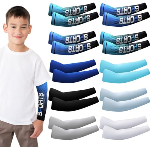 Xuhal 10 pares de mangas de brazo para niños, jóvenes, baloncesto, fútbol, béisbol, protección solar UV, deportes, compresión (escarcha, edad 8-10)