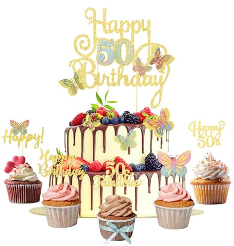 50. Geburtstag Frau Tortendeko Schmetterling 15 Stück Happy Birthday Cake Topper und Cupcake Deko 50 Geburtstag Frau Gold Glitzer Kuchen Deko