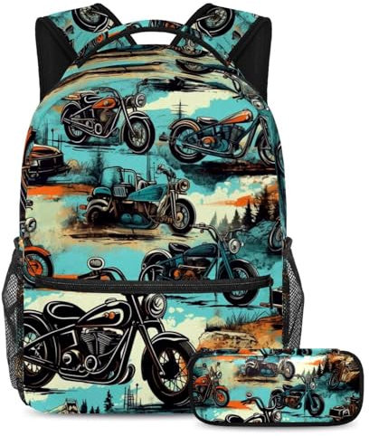 Farbenfrohes Schulranzen-Set für Motorrad, großes Fassungsvermögen, Rucksack mit Federmäppchen, perfekt für Studenten, Jugendliche und Reisen, 2-teilig, Buntes Vintage-Motorrad, Größe L