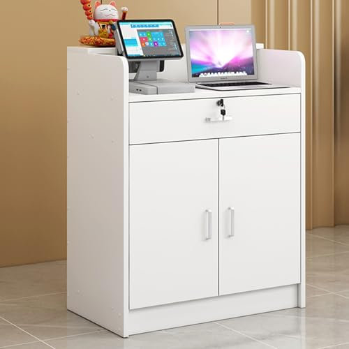 Moderner Empfangstresen mit abschließbarer Schublade und Türschrank, ideal für Hotellobby, Bekleidungsgeschäft oder Büro, weiß, minimalistisch, Rezeption, Kasse, 60 x 40 x 90 cm