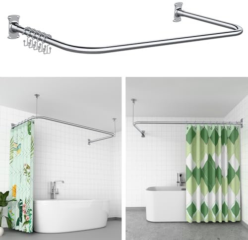 KULACO Barra de cortina de ducha en forma de U/L, [80-90] × [160-180] × [80-90] Barra de ducha esquina de acero inoxidable SUS304, barra de ducha ajustable con soporte de techo, incluye 22 anillos