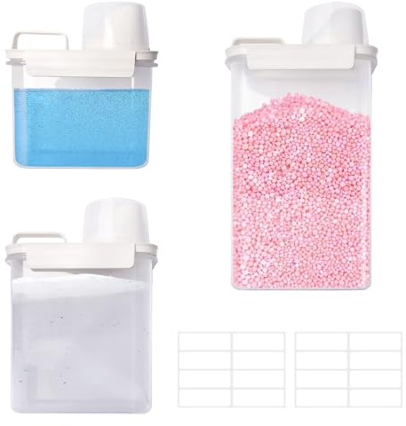 Bofanze 3 Piezas Dosificador Detergente Lavadora Hermetico, 2,5 L 1,8L 1,3L | Caja de Almacenamiento de Detergente en Polvo con Taza Medidora Etiqueta Contenedor Almacenamiento para Cereale Azúcar Muesli