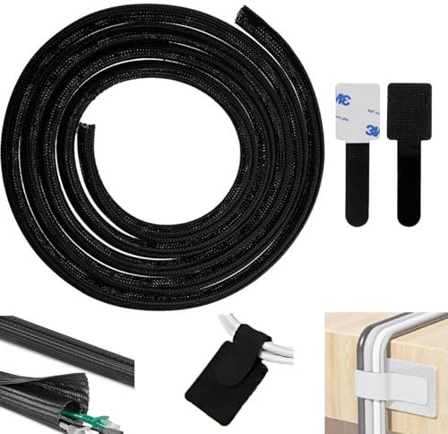 13ft - 1/2 Inch Black Cable Tidy Sleeve & Wire Protector, 1Pcs Adjustable Nylon Cable Management Sleeve with 2Pcs Wire Organiser, Cable Tidy for TV Pc Home, Office, And Other Messy Lines, Black