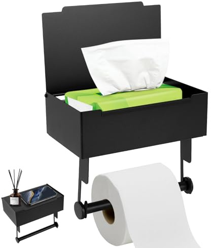OUZHOU Toilettenpapierhalter Ohne Bohren, Edelstahl Toilettenpapierhalter mit Feuchttücherbox, Selbstklebender Klopapierhalter ohne Bohren mit Ablage, Klopapierhalter Schwarz für Badzimmer und Küche