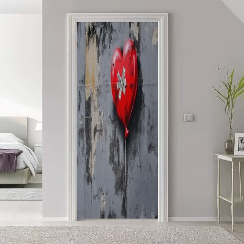3D Türaufkleber Banksy Graffiti Luftballons 77 x 200 cm Tür Türtapete Wandbild Selbstklebend PVC Wasserdicht Abnehmbar Türfolie TürPoster Fototapete Wohnzimmer Schlafzimmer Küche Bad, Rot Grau