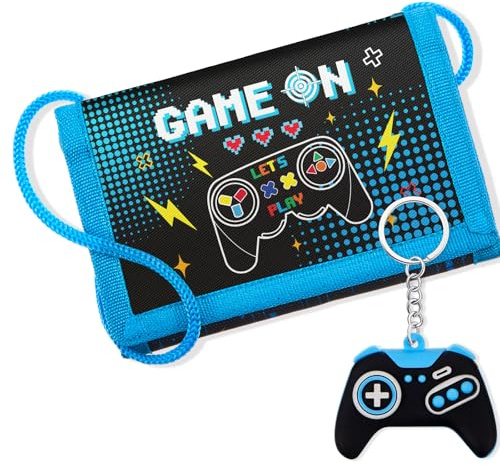 Hestya Monedero Infantil Carteras para Niños Chicas Bolsa de Cuello de Viaje con Llavero Billetera Plegable Triple con Diferentes Estampados Regalos de Cumpleaños(Gaming)