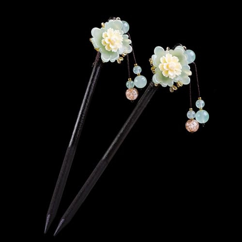 Yitexin 2 Pcs Wooden Chinese Hair Sticks for Long Hair, Vintage Retro Hair Chopsticks for Women Bun, Elegant Flower Tassel Chinese Hair Pins Chignon (Cymbidium)