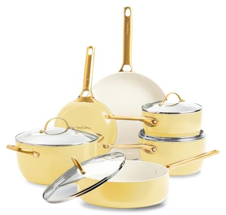 GreenPan Reserve Harteloxiertes Gesundes Keramische Antihaft-Kochgeschirr Set,10 Teile,Inklusive Bratpfannen Sautierpfanne und Kochtopf,Goldgriff,PFAS-frei,Induktion,Backofenfest,Gelb