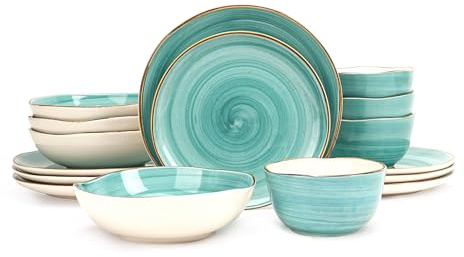Vajilla Highland de 16 piezas para 4 personas, platos y cuencos de cerámica orgánica, resistente a arañazos, apta para microondas y lavavajillas, efecto moteado artesanal, turquesa en espiral.